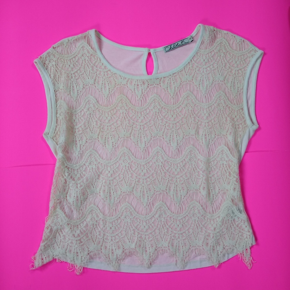 Chloe K ivory embroidered sheer crop top